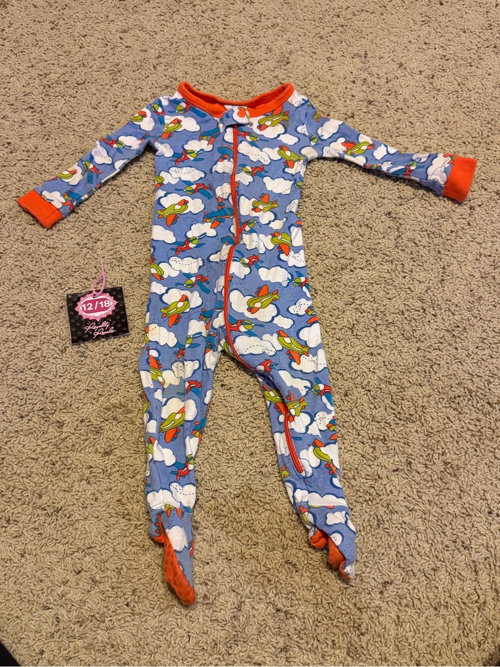 The Children's Place Blue Airplane Print Footed One-Piece with Orange Trim